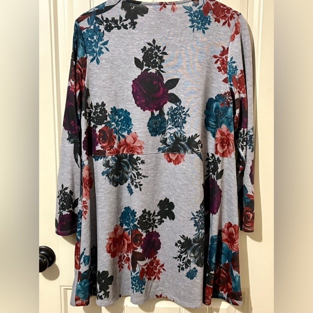 Chicos Multicolored Rose Print Button Sleeve Knit Tunic Shirt - Picture 3 of 7